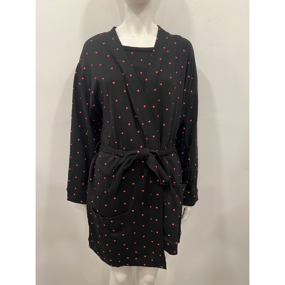 Plush 3 Piece Pajama Set Women XS Black Heart Print Long Sleeve Top Shorts Robe